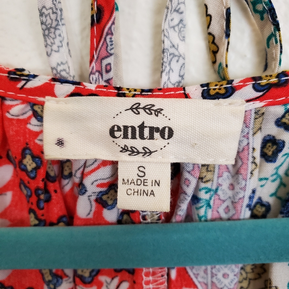 Entro Red, Blue & White Patchwork Fabric Boho Top… - image 7